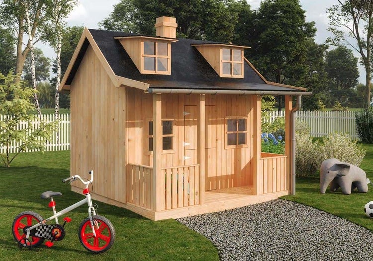 Alpholz Spielhaus Saga Kinderspielhaus aus Holz, Kinderhaus mit 45 mm Wandstärke Holzhaus Kinder, Naturbelassen 2,2x2,2m
