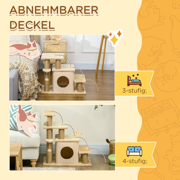 PawHut Haustiertreppe, 3/4-stufige höhenverstellbare Katzentreppe mit Schlafhöhle 2 in 1 praktische Hunderampe für kleine Hunde und Katzen Einstieghilfe für hohe Betten Sofa Beige 60 x 40 x 66 cm