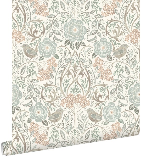 ESTAhome Tapete Blumen und Vögel im Jugendstil Graugrün, Braun und Pfirsichrosa - 53 cm x 10.05 m - 139294