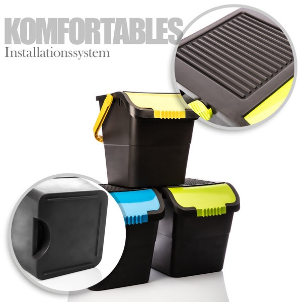 BigDean Mülltrennsystem 3x 35L Mülleimer in anthrazit mit Deckel in unterschiedlichen Farben – Abfalleimer Müllbehälter stapelbar – einfache Mülltrennung für Papier, Plastik und Biomüll