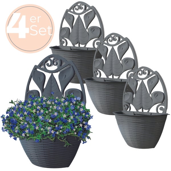 Vierer-Set graue Wandblumentöpfe mit Blattornament
