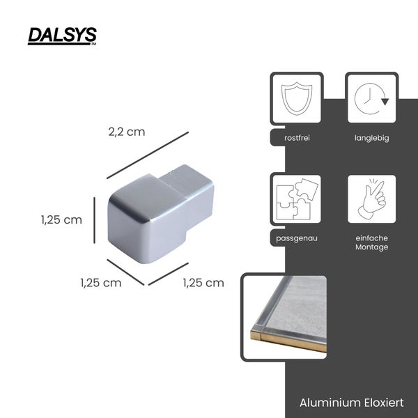 DALSYS Logo. Außenecke aus eloxiertem Aluminium, 1,25 mal 2,2 Zentimeter, rostfrei, langlebig, passgenau, einfache Montage.