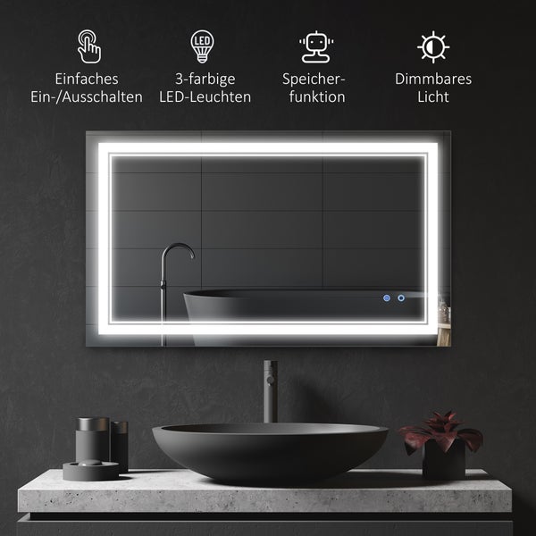 kleankin Badspiegel, Badezimmerspiegel mit LED-Beleuchtung, Wandspiegel mit Touchschalter, 3 Lichtfarben, Lichtspiegel IP44 Wasserdicht, 100 x 60 cm