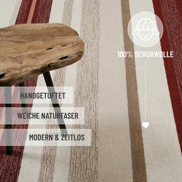 Handgetufteter Teppich aus 100 Prozent Schurwolle mit Streifenmuster, weiche Naturfaser, modernes Design, Beistelltisch aus Holz auf dem Teppich.