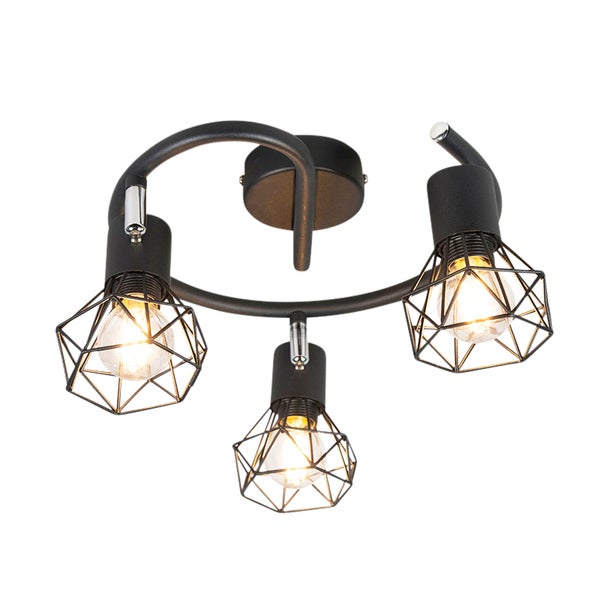 Schwarze Deckenleuchte mit drei Leuchten und geometrischen Lampenschirmen