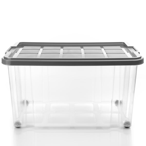BigDean 4 Stück 60 L Aufbewahrungsbox mit Deckel groß stahlgrau - stapelbare robuste Box BPA-frei - rollbare Stapelbox mit festen Klickverschlüssen - Made in Germany