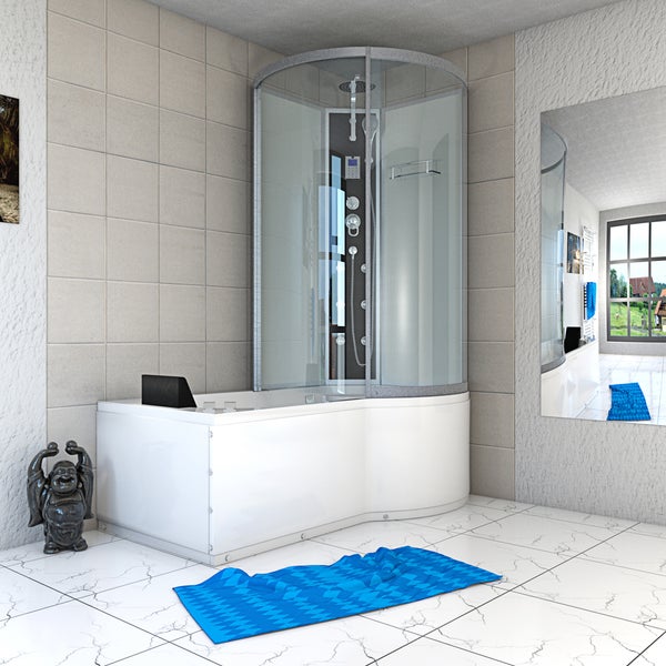 Maßzeichnung einer Dusch-Badewannen-Kombination mit Abmessungen in Zentimetern, integriertem Duschpaneel und Sitzgelegenheit.