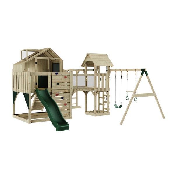 Spielhausanlage aus Holz mit Schaukel und Rutsche