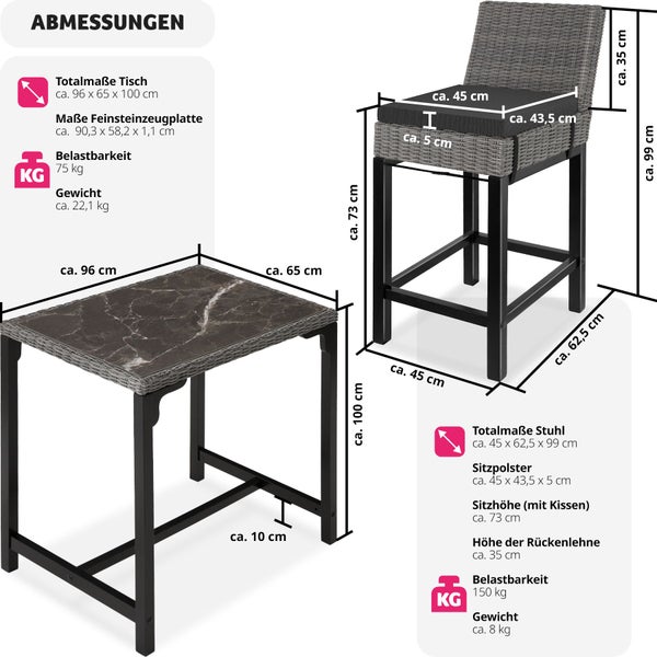 Rattan Tisch Kutina mit 4 Stühlen Latina tectake  Beine aus Holz mit Aluminiumgestellen grau