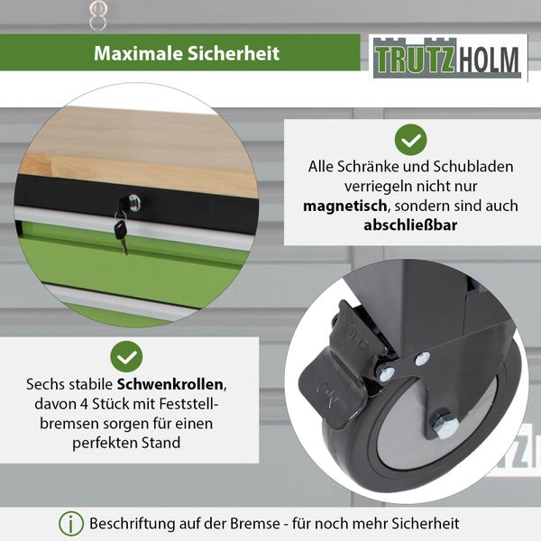 Trutzholm Werkzeugwagen mit abschließbaren Schubladen und stabilen Lenkrollen inklusive Feststellbremsen mit Ein-Aus-Beschriftung.