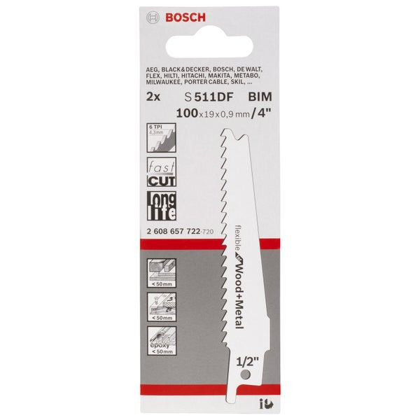 Bosch Säbelsägeblatt S511DF BIM, 100x19x0,9 Millimeter, 2 Stück