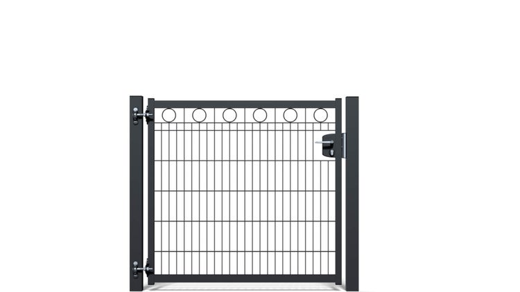Zauntür ZAUNGURU BASIC-Linie Berlin Kreis aus Metall, Höhe: 123cm, Breite: 150cm, 1-flügelig inkl. Pfosten, Schloss und Zubehör, Feuerverzinkt und zusätzlich in RAL 7016 Anthrazitgrau pulverbeschichtet