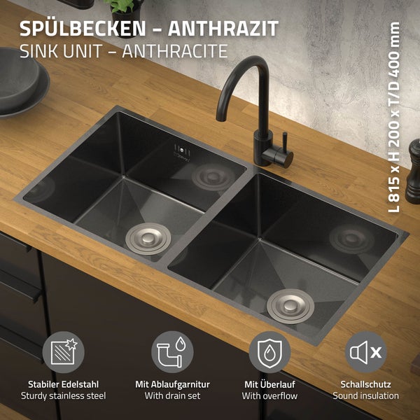 ML-Design Doppelspülbecken Edelstahl 81,5x40 cm Anthrazit, Küchenspüle rechteckig, 2 Becken, Einbauspüle Unterbauspüle, Edelstahlspüle mit Ablaufgarnitur, Doppelbecken mit Siphon, Waschbecken Küche