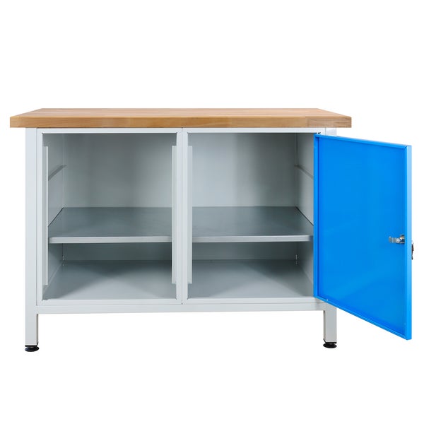 PROREGAL Werkbank Rhino mit 1 Tür Regalteil HxBxT 84 x 120 x 60 cm Traglast 300 kg Lichtgrau Blau