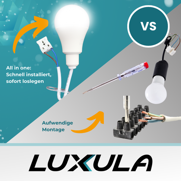 Illustration, die den einfachen Aufbau einer Luxula Lampe im Vergleich zu einer Standardlampe zeigt