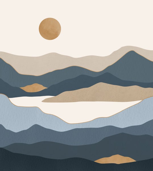 Abstrakte Darstellung einer Berglandschaft mit Sonne