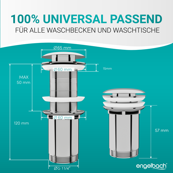 Engelbach® Universal Waschbecken Ablaufgarnitur - Pop up Ablaufventil mit und ohne Überlauf inklusive Einbauanleitung