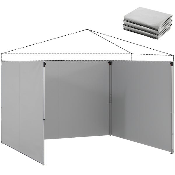 Drei Seitenteile für einen Pavillon aus wetterfestem Stoff, montiert an einem Gestell und separat gefaltet dargestellt.
