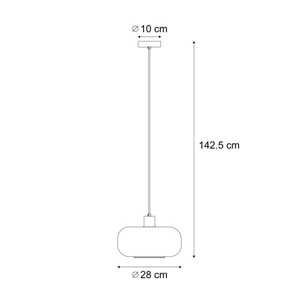 Technische Zeichnung einer Pendelleuchte mit den Maßen 28 Zentimeter Durchmesser, 10 Zentimeter Durchmesser und 142,5 Zentimeter Höhe.
