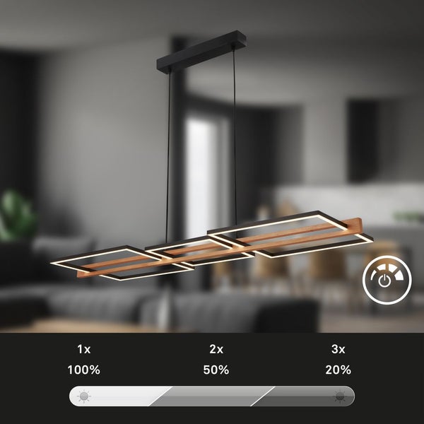 Briloner Moldura LED Pendelleuchte, Holzdekor, 3 Stufen Dimmer, Speicherfunktion, Warmweißes Licht, Schwarz-Holz, 108 x 35 x 150 cm