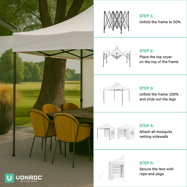 VONROC Pavillon 3x3m wasserdicht stabil - Partyzelt EasyUp System [3Min Aufbau] Popup Faltpavillon modular erweiterbar als Festival Zelt, Gartenpavillon