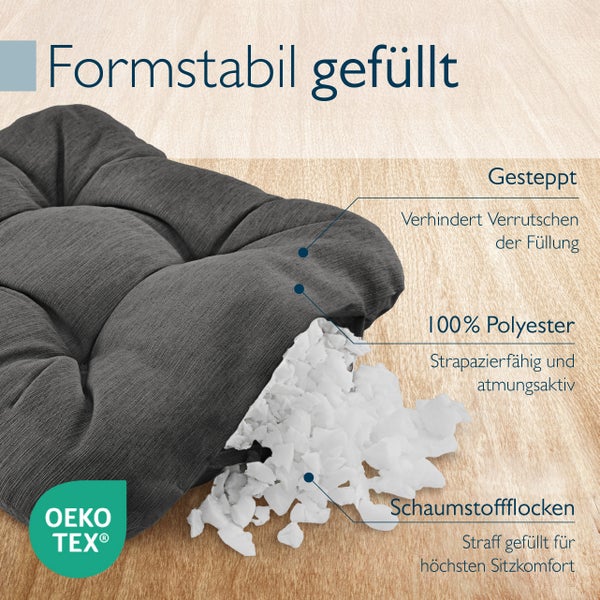 Detailansicht eines formstabilen, gesteppten Sitzkissens mit Polyesterfüllung und OEKO-TEX Siegel