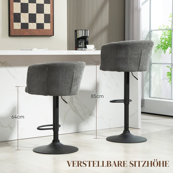 HOMCOM 2er-Set Barhocker, Bistrohocker mit Fußstütze, Drehbar Barstuhl, Höhenverstellbar Küchenhocker mit Leinenbezug, für Wohnzimmer, Esszimmer, Dunkelgrau