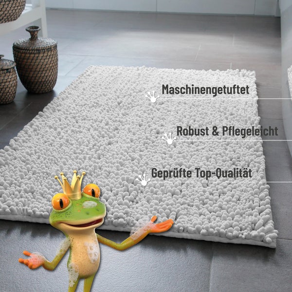 Weiße Badematte aus Chenille mit weicher Noppenstruktur und vergrößertem Detailausschnitt der Oberfläche.