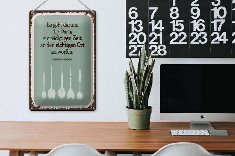 Blechschild Spruch Darts zur richtigen Zeit werfen 20x30cm
