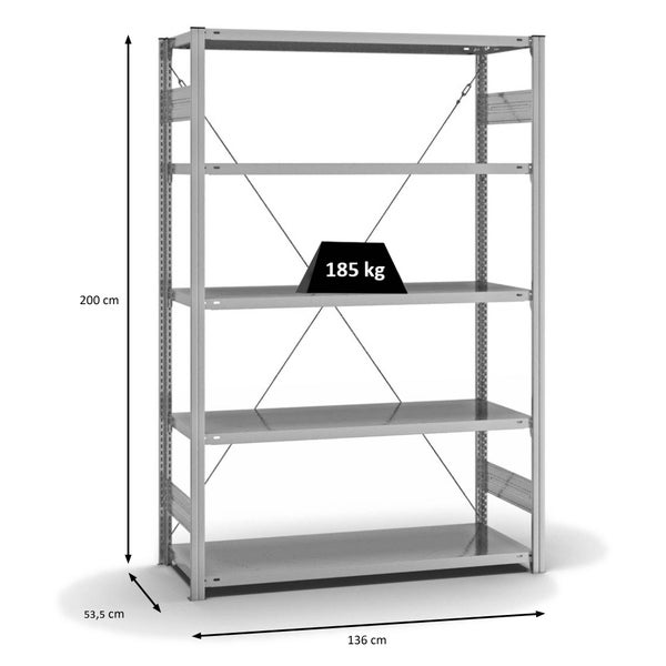 PROREGAL Fachbodenregal Stecksystem T-Profil Light-Duty Grundregal HxBxT 200 x 130 x 50 cm 5 Ebenen Fachlast 185 kg Einseitig Nutzbar Verzinkt