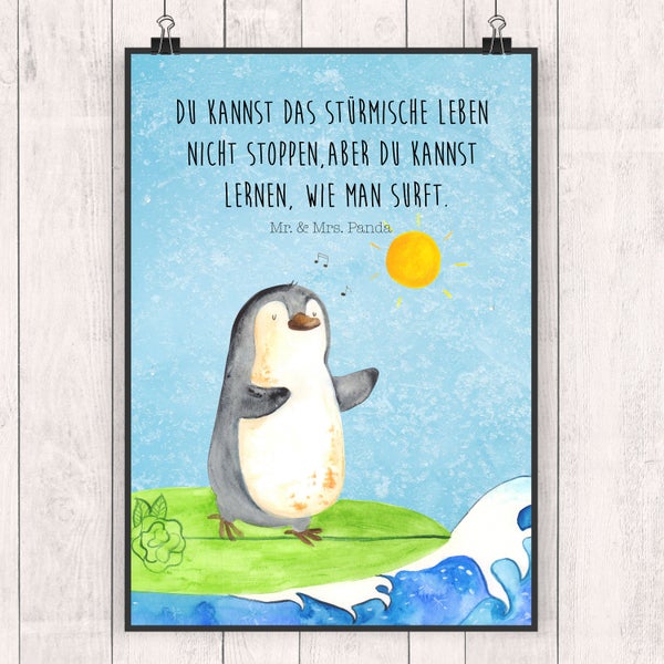 Mr. & Mrs. Panda DIN A5 Poster Pinguin Surfer - Eisblau