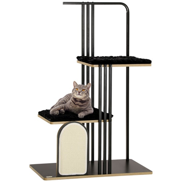 PawHut Kratzbaum 128 cm Katzenbaum mit Kissen Kletterbaum mit Kratzbrett, Katzenkratzbaum mit 2 Plattformen, Katzenmöbel, Stahl, Schwarz
