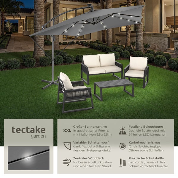 Sonnenschirm tectake Sunna wasserabweisend, inkl. Windsicherung und Schutzhülle 250 x 250 cm mit LED Solar-Beleuchtung hellgrau