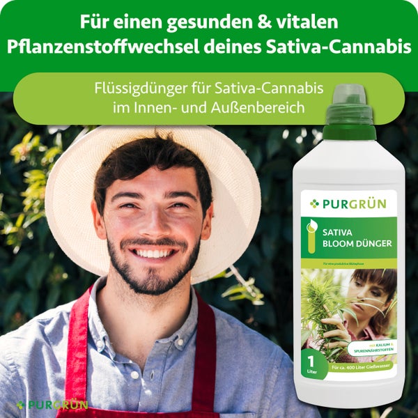 Purgrün Sativa Bloom Flüssigdünger für Cannabis, 1 Liter Flasche neben einem lächelnden Gärtner mit Strohhut in heller Umgebung.