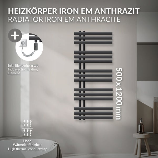 LuxeBath Elektrischer Badheizkörper Iron EM 500 x 1200 mm Anthrazit + Heizstab 1200W mit Thermostat Touchbedienung, Handtuchheizkörper mit Heizpatrone, Handtuchwärmer Paneelheizkörper Designheizkörper