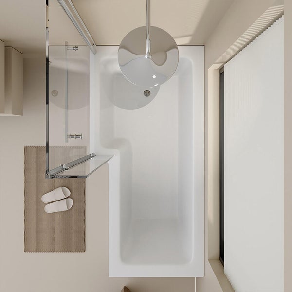 Draufsicht auf eine Duschbadewanne mit Glasduschwand und runder Kopfbrause in einem modern gestalteten Badezimmer.