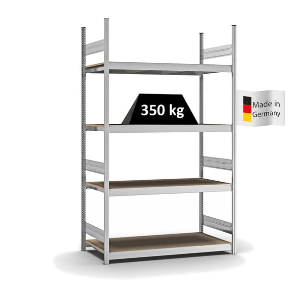 PROREGAL Weitspannregal Stecksystem T-Profil Grundregal HxBxT 250x150x60 cm 4 Ebenen Spanplatten Fachboden Fachlast 350 kg Verzinkt