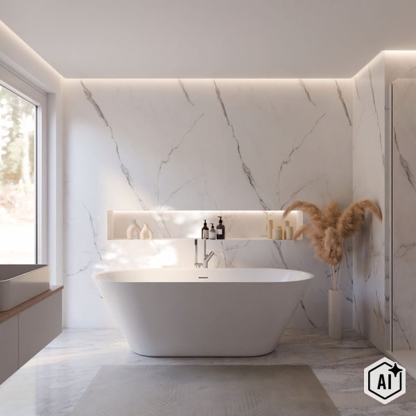 Modernes Badezimmer mit freistehender Wanne vor einer Wand aus Marmorfliesen, integrierte Nische mit Beleuchtung, hell und wohnlich gestaltet.