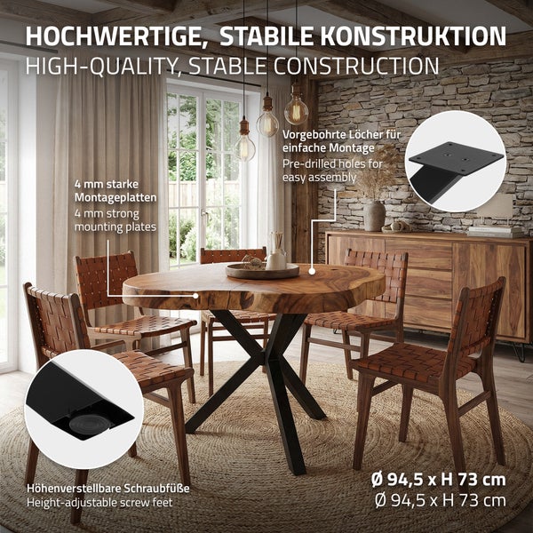 Runder Esstisch mit massiver Holzplatte und X-förmigem Metallgestell inklusive höhenverstellbarer Schraubfüße und vorgebohrter Montageplatten.