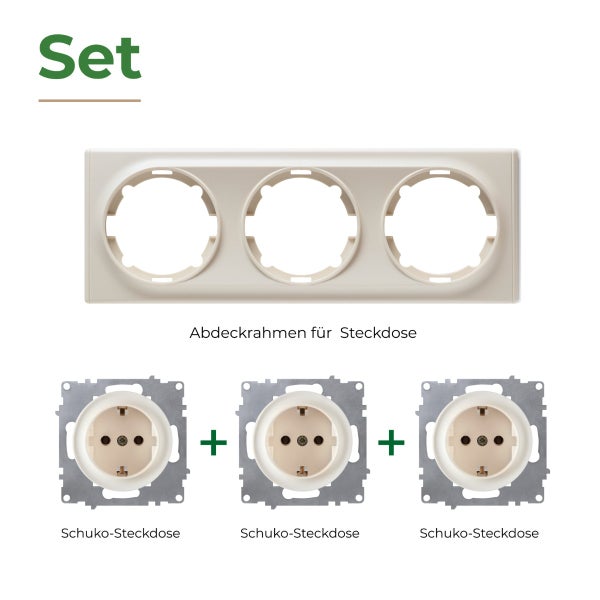 Set bestehend aus einem dreifachen Abdeckrahmen und drei Schutzkontakt Steckdosen Einsätzen für die Unterputz Montage