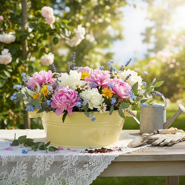 Helle Gartenszene mit gelber Metallwanne voller Pfingstrosen, Margeriten und Lavendel auf einem Holztisch mit Gießkanne und Gartenwerkzeugen.