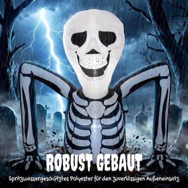 Aufblasbares Skelett aus spritzwassergeschütztem Polyester für die Außendekoration an Halloween.