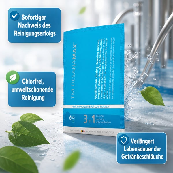 TM Desanamax Reiniger für Getränkeanlagen mit drei in eins Wirkung für Reinigung, Entkalkung und Farbnachweis, chlorfrei und umweltschonend.