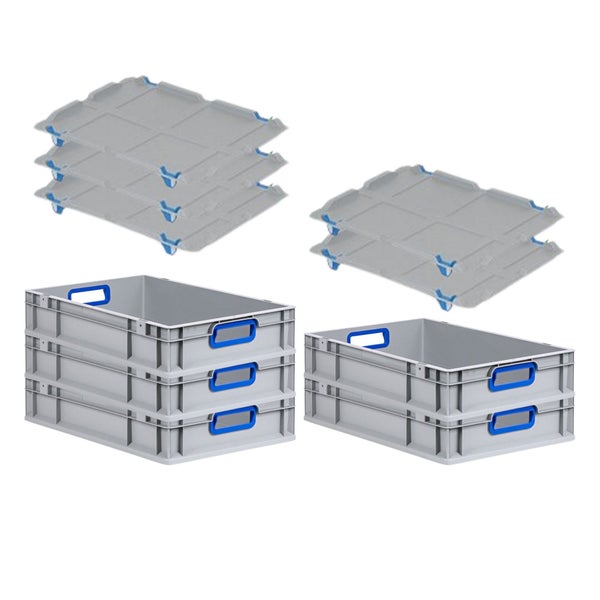 PROREGAL Spar Set 5x Eurobox Nextgen Color Mit Auflagedeckel & Schiebeschnappverschlüsse HxBxT 12 x 40 x 60 cm Griffe Blau Offen Glatter Boden