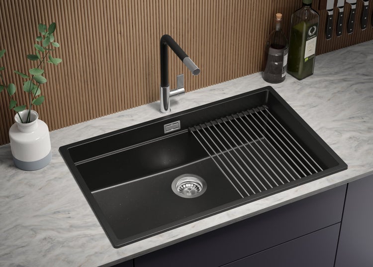 PRIMAGRAN Spülbecken Schwarz Metallic 76x47cm, Granitspüle 1 Becken + Ablauf-Set + Aufrollbare Abtropffläche, Küchenspüle ab 80er Unterschrank - Praga Slim