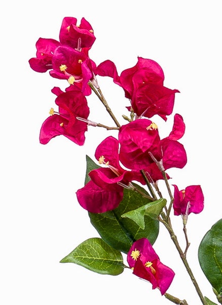 Künstlicher Bougainvillea-Zweig mit pinkfarbenen Blüten und grünen Blättern.