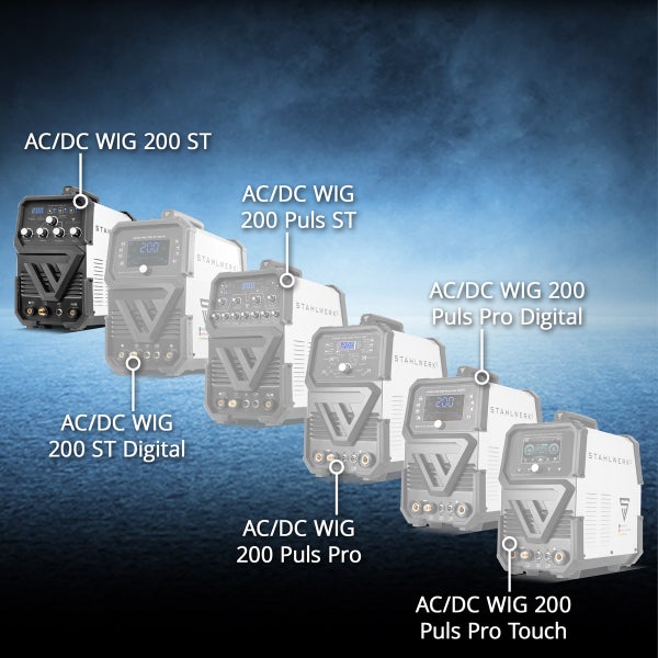 Sechs Stahlwerk AC DC WIG Schweißgeräte: 200 ST, 200 ST Digital, 200 Puls ST, 200 Puls Pro, 200 Puls Pro Digital und 200 Puls Pro Touch.