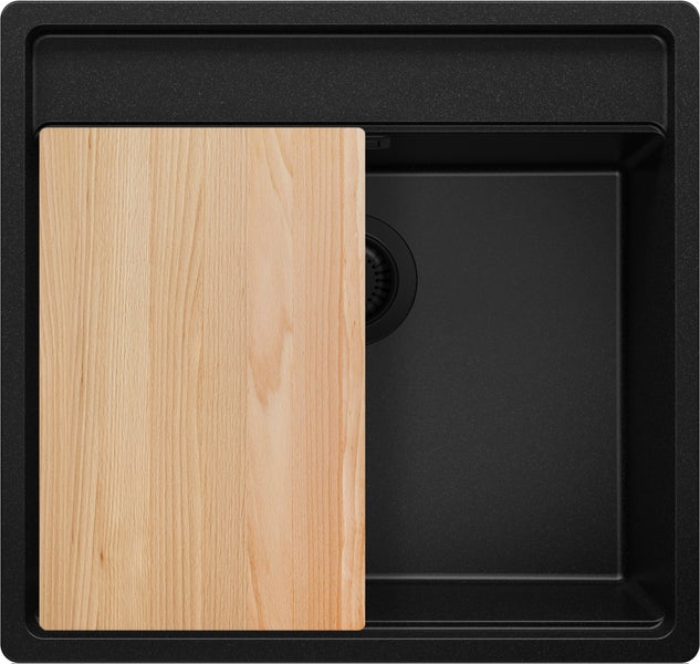 PRIMAGRAN Eckspüle Alles Schwarz 56x53cm, Granitspüle 1 Becken + Ablauf-Set + Schneidebrett, Küchenspüle ab 60er Unterschrank - Bergen