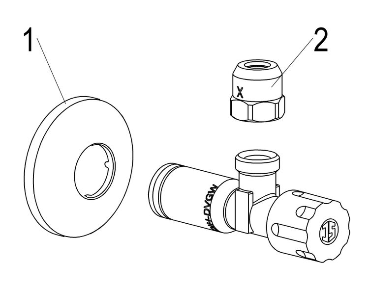 Technische Zeichnung eines Eckventils mit Schubrosette und Quetschverschraubung.
