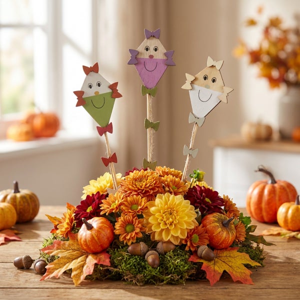 Herbstliche Tischdekoration mit Blumen, kleinen Kürbissen, Eicheln und drei dekorativen Holzdrachen als Steckern.